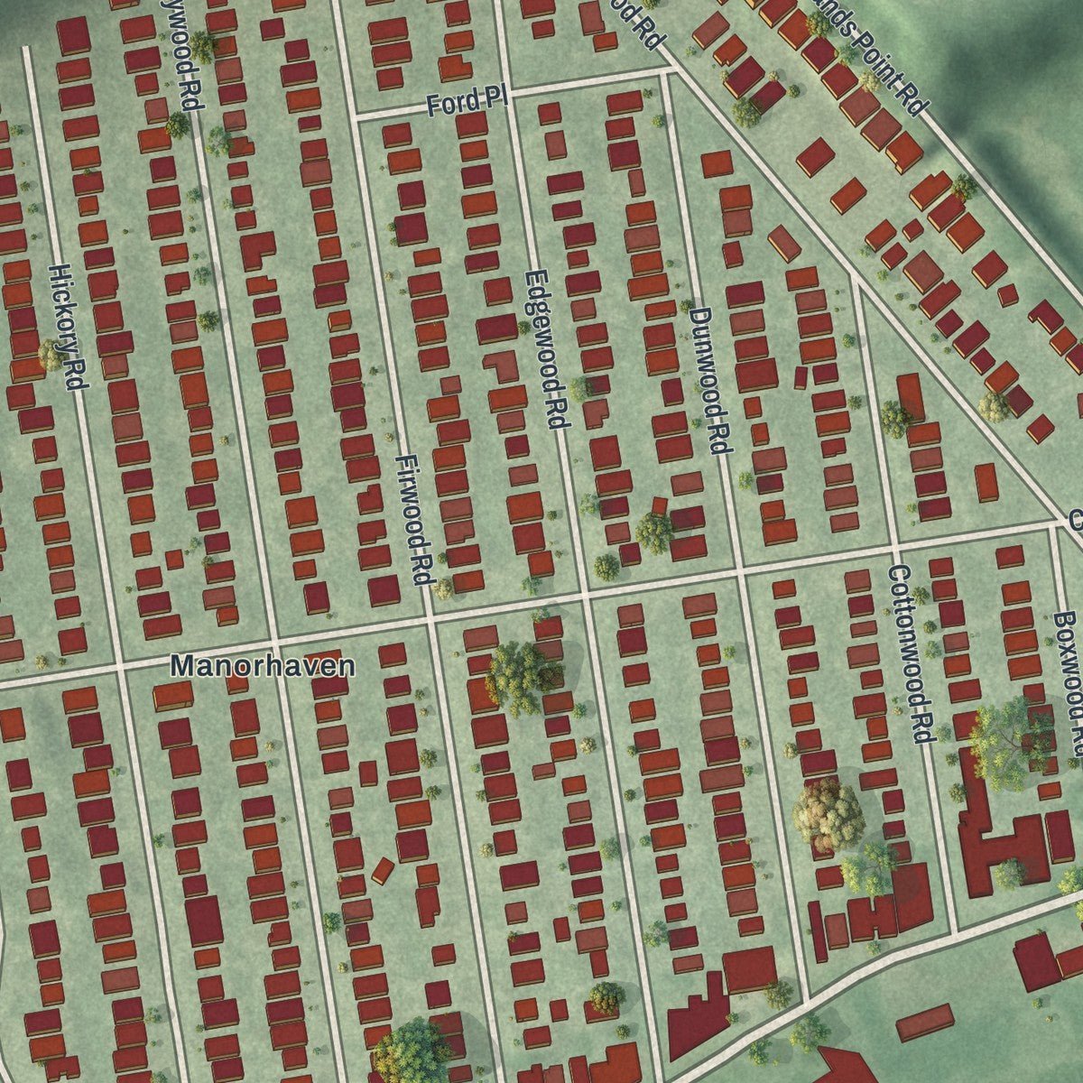 Close-up of the map of Manorhaven, New York print showing street and building detail
