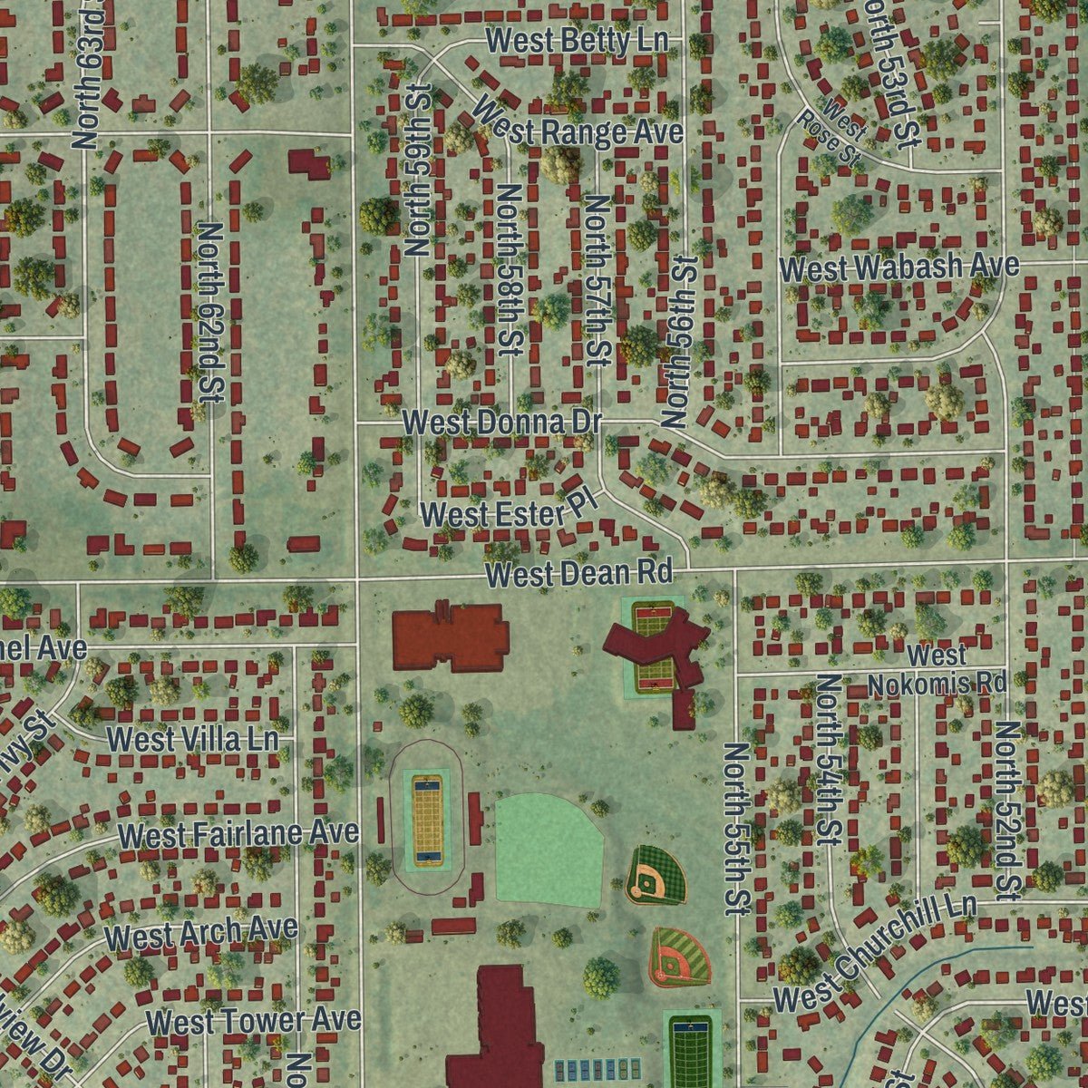 Close-up of the map of Brown Deer, Wisconsin print showing street and building detail