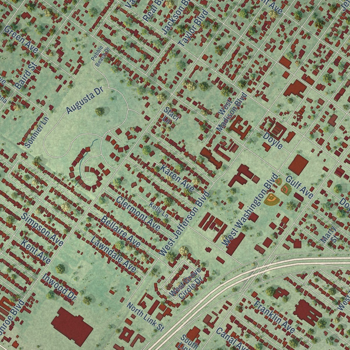 Close-up of the map of Groves, Texas print showing street and building detail