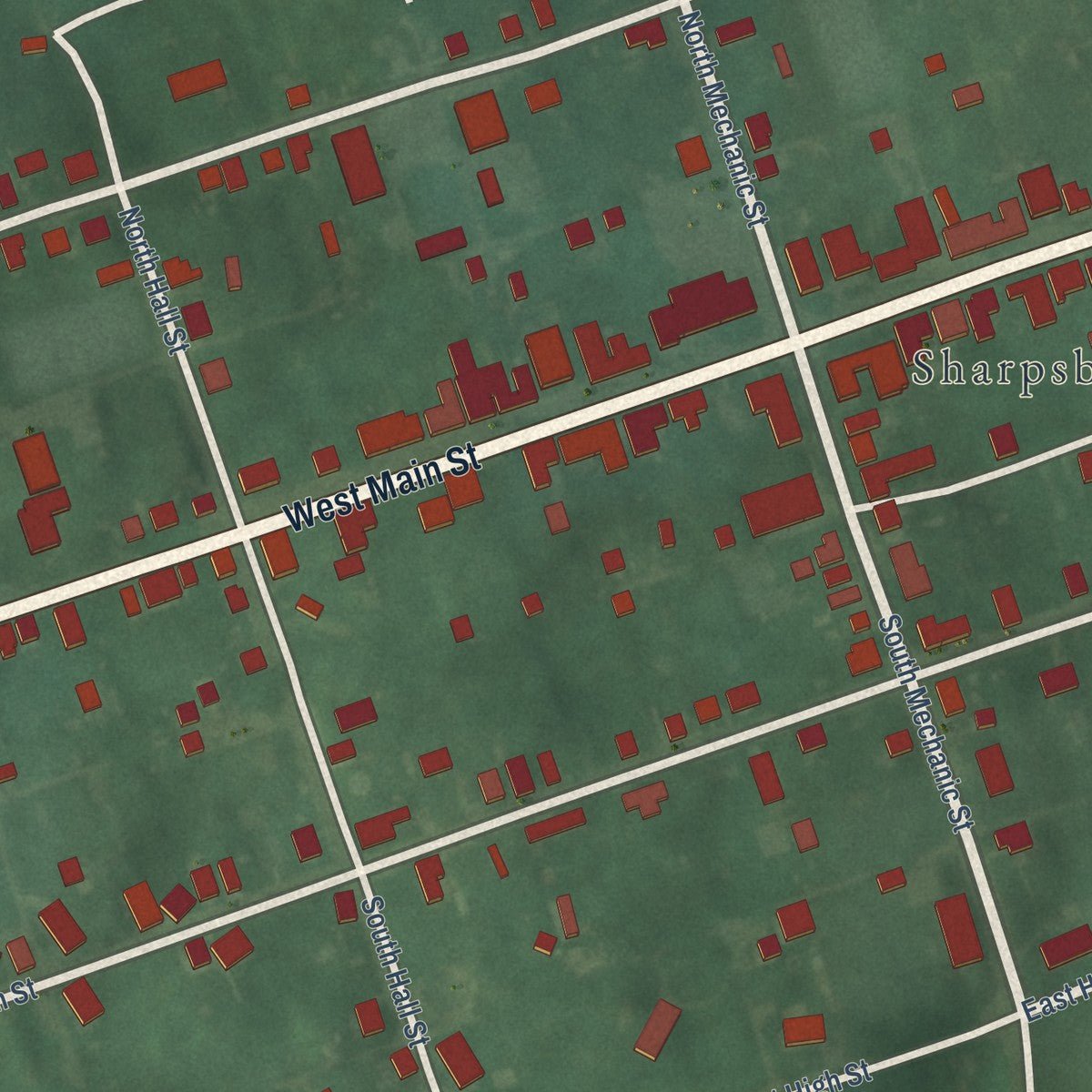 Close-up of the map of Sharpsburg, Maryland print showing street and building detail