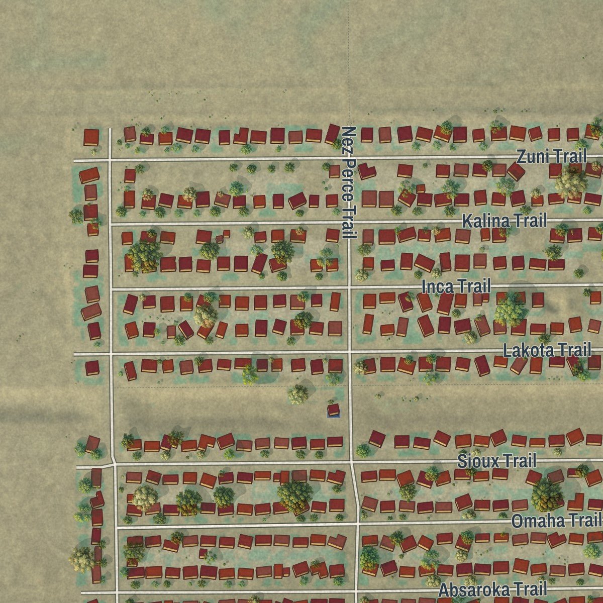 Close-up of the map of Bar Nunn, Wyoming print showing street and building detail