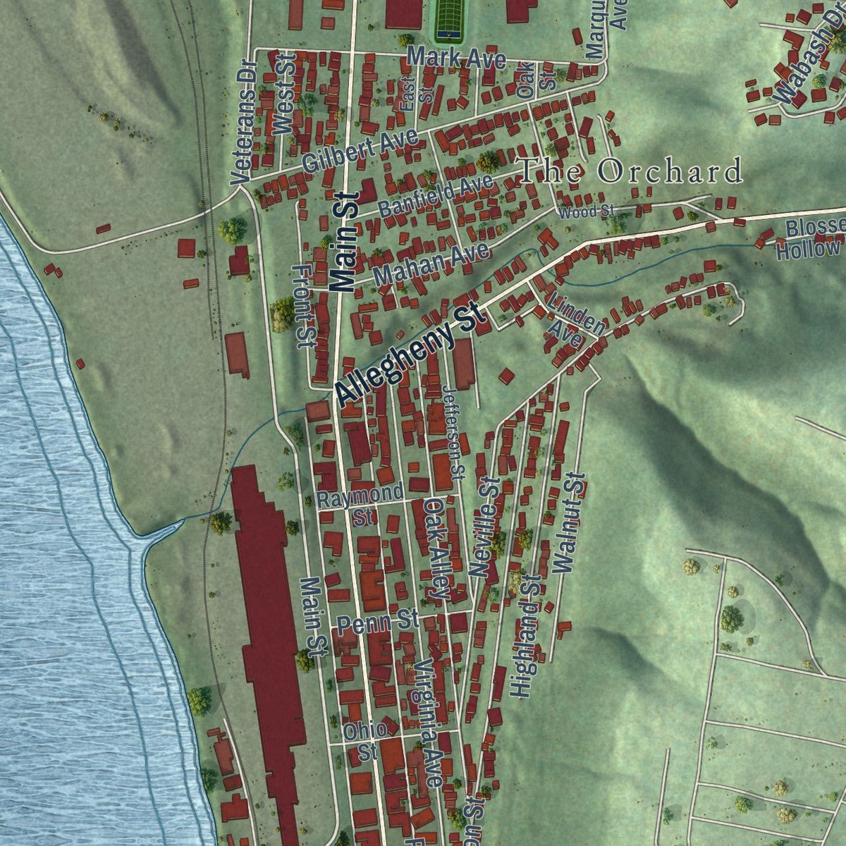 Close-up of the map of Follansbee, West Virginia print showing street and building detail