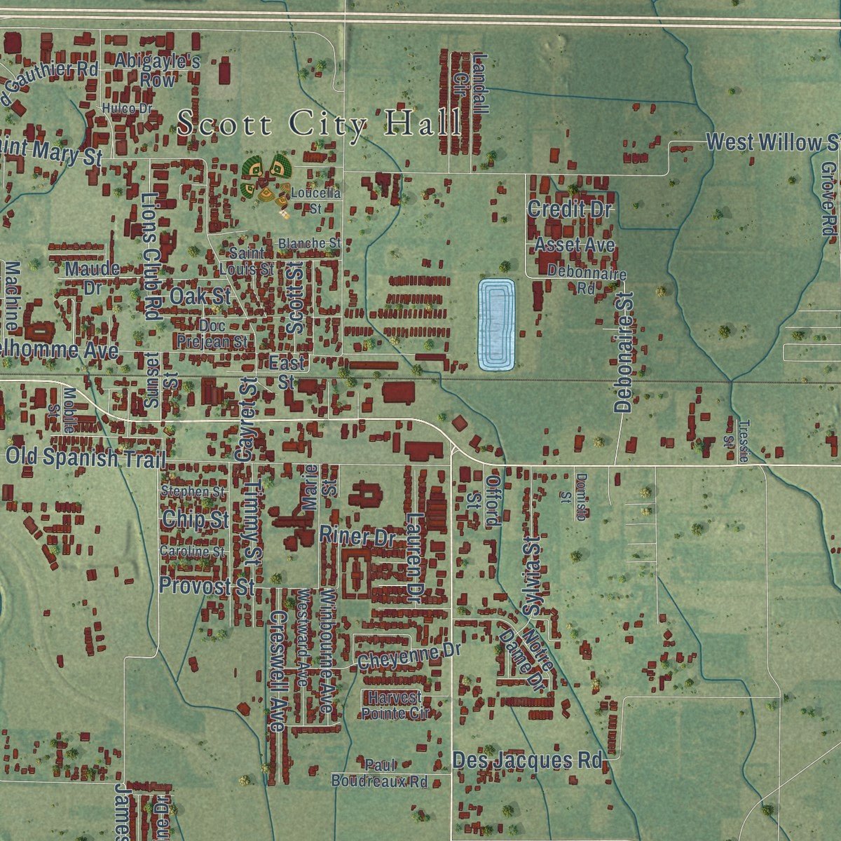 Close-up of the map of Scott, Louisiana print showing street and building detail