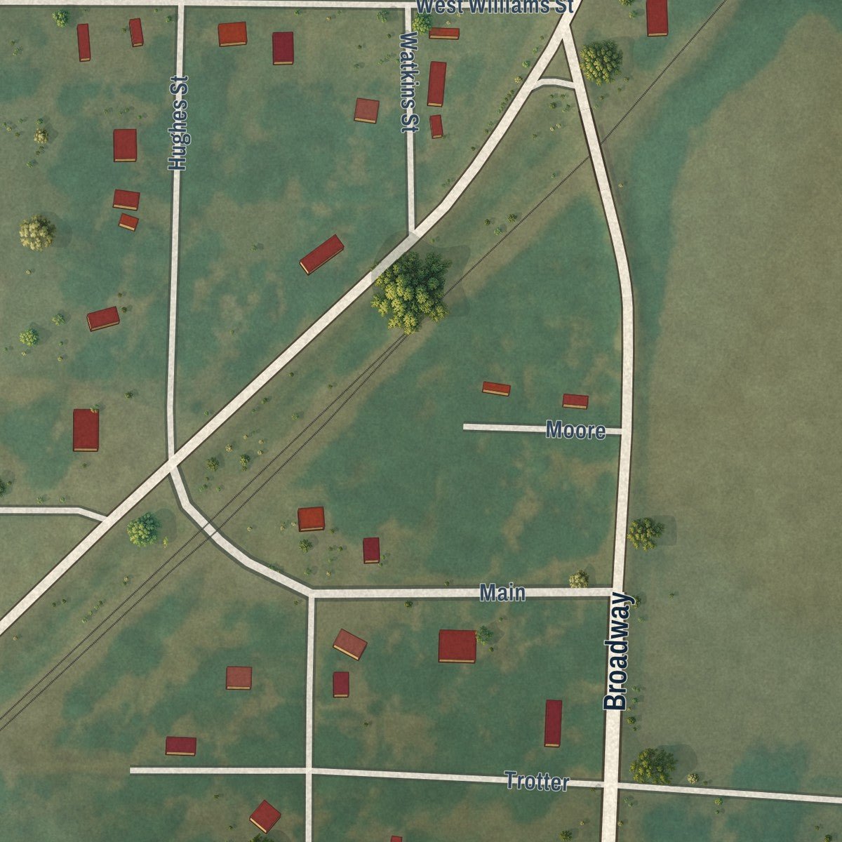 Close-up of the map of Roe, Arkansas print showing street and building detail