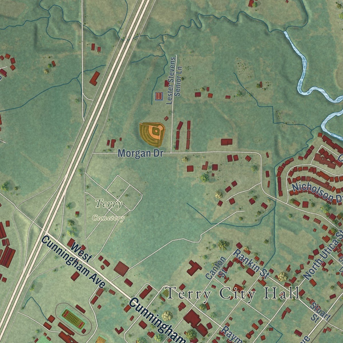 Close-up of the map of Terry, Mississippi print showing street and building detail