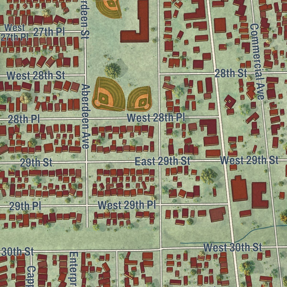 Close-up of the map of South Chicago Heights, Illinois print showing street and building detail