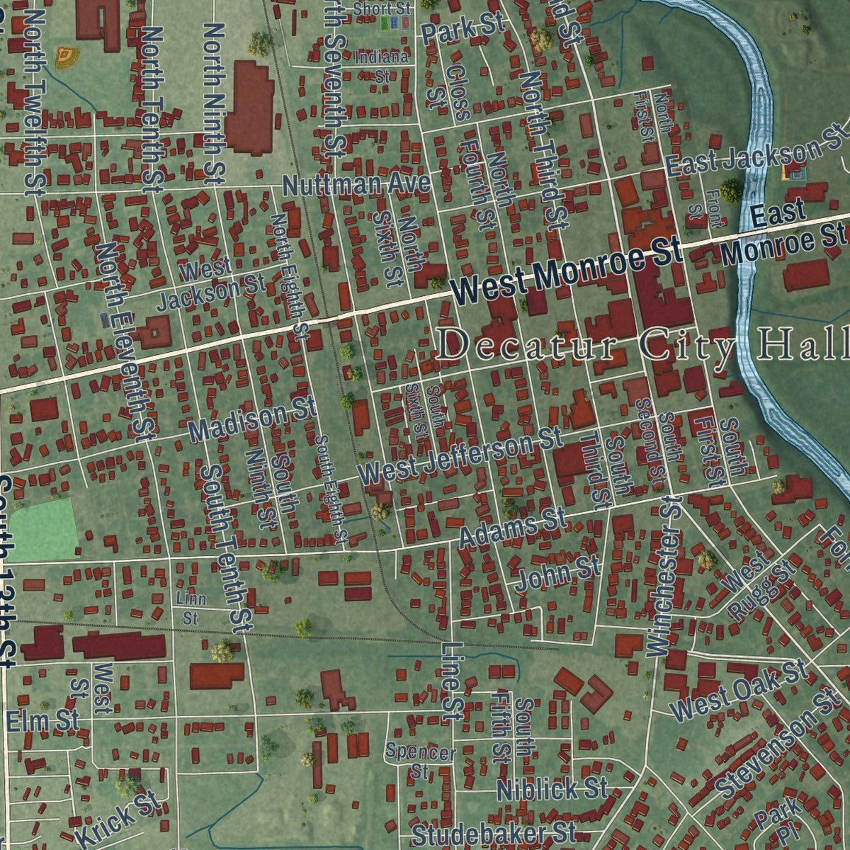 Close-up of the map of Decatur, Indiana print showing street and building detail