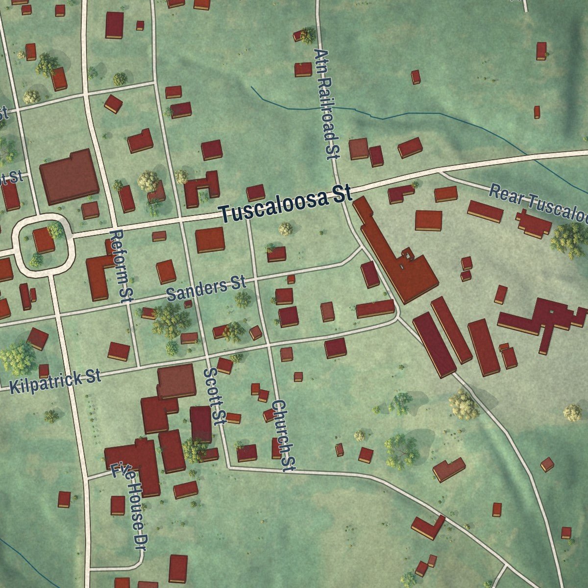 Close-up of the map of Carrollton, Alabama print showing street and building detail