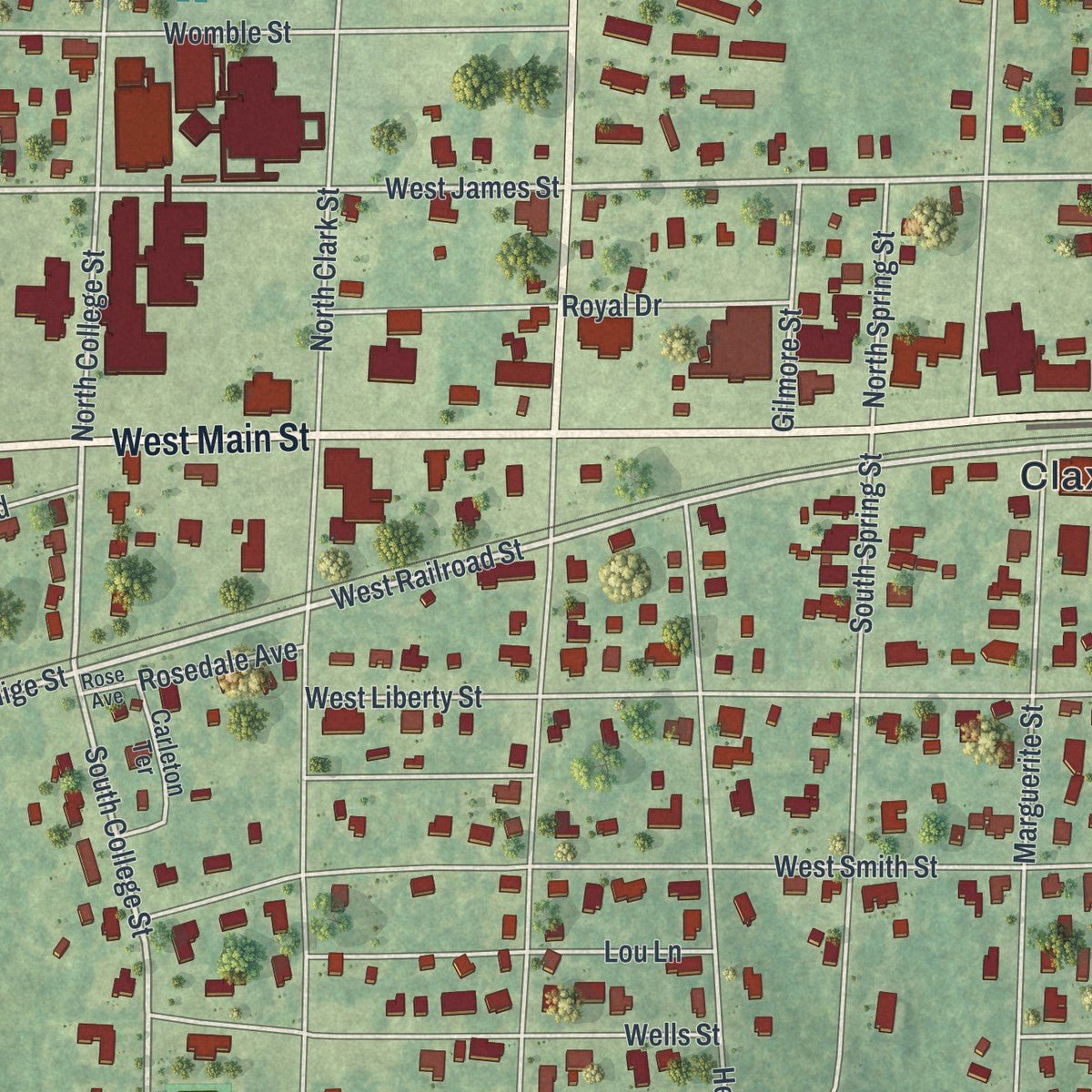 Close-up of the map of Claxton, Georgia print showing street and building detail