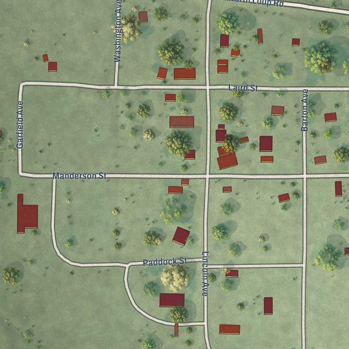 Close-up of the map of Brewster, Nebraska print showing street and building detail