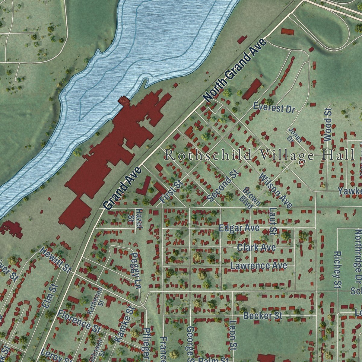Close-up of the map of Rothschild, Wisconsin print showing street and building detail