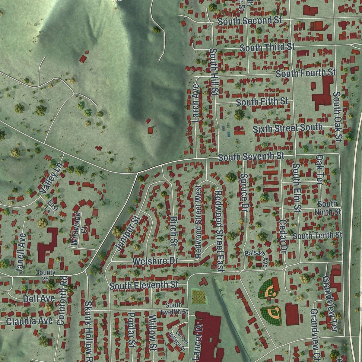 Close-up of the map of La Crescent, Minnesota print showing street and building detail