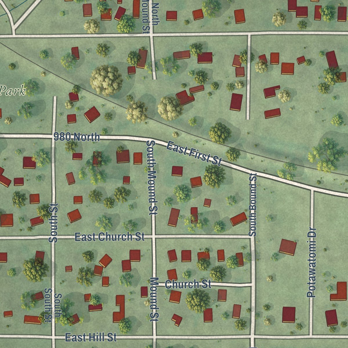 Close-up of the map of Tiskilwa, Illinois print showing street and building detail