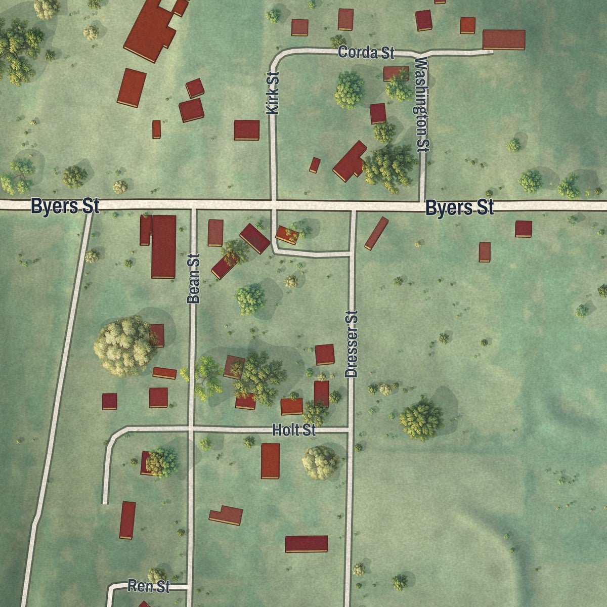 Close-up of the map of Rea, Missouri print showing street and building detail