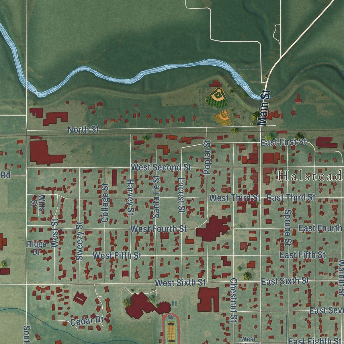 Close-up of the map of Halstead, Kansas print showing street and building detail