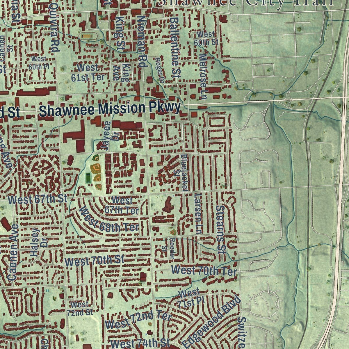 Close-up of the map of Shawnee, Kansas print showing street and building detail