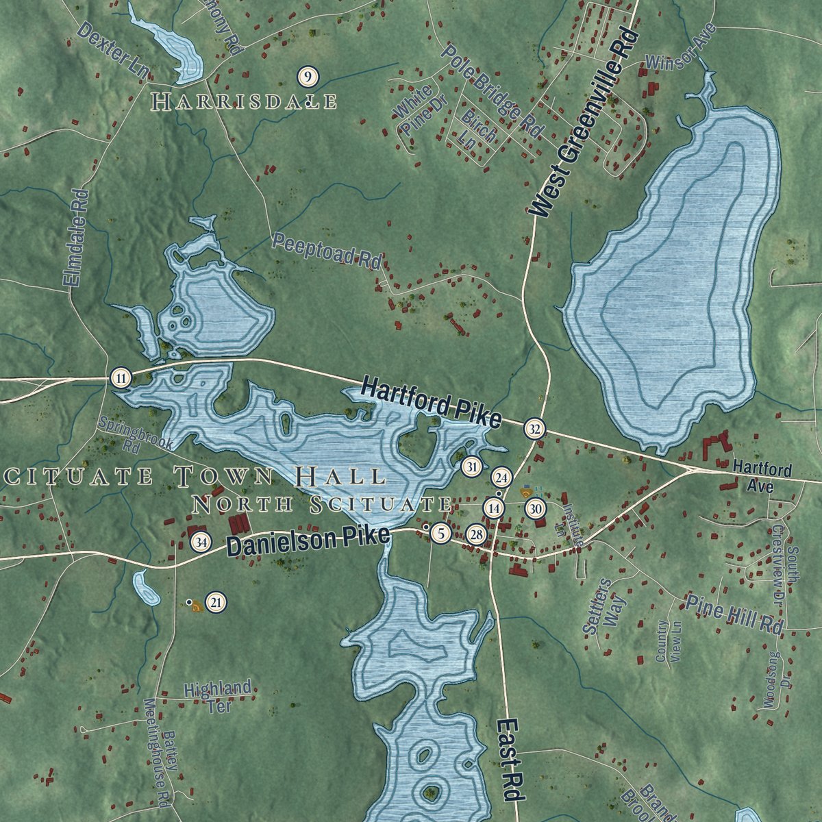 Close-up of the map of Scituate, Rhode Island print showing street and building detail