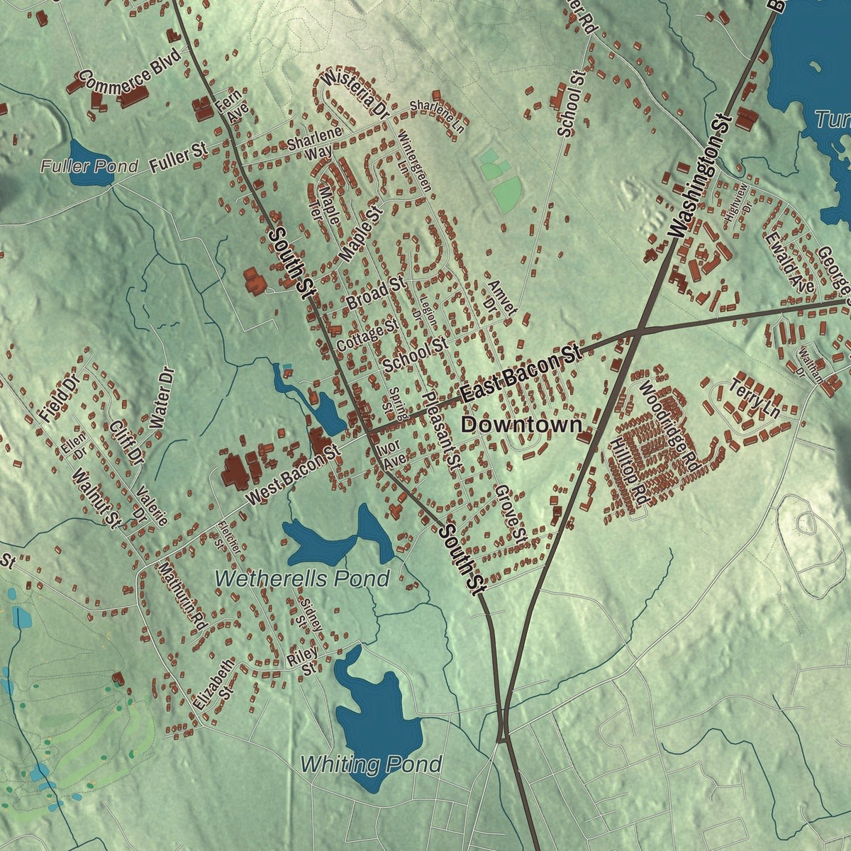 Close-up of the map of Plainville, Massachusetts print showing streets and neighborhoods