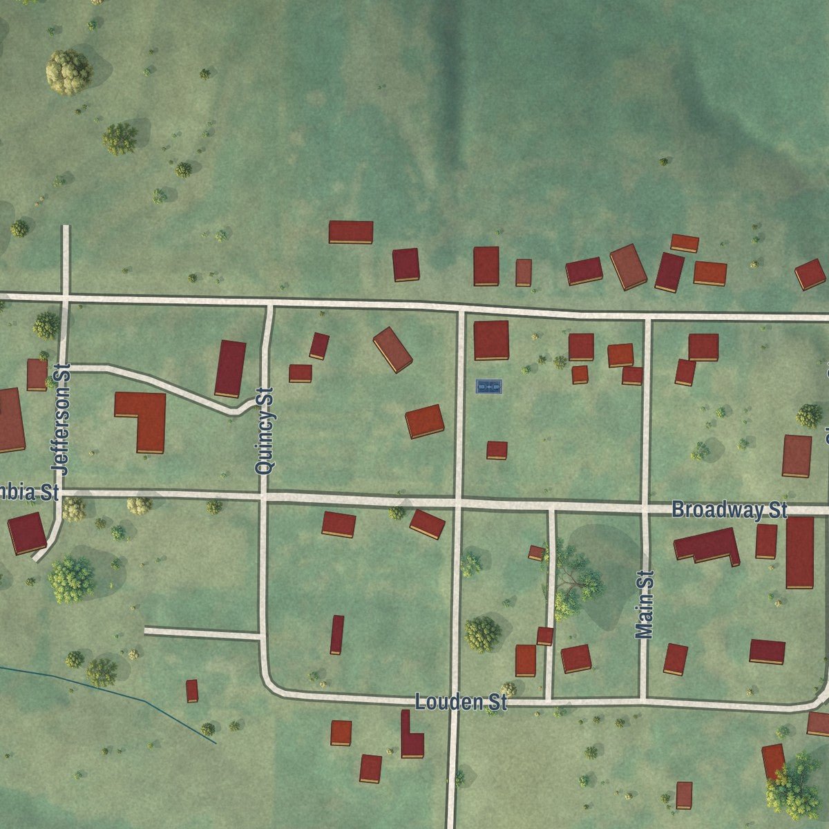 Close-up of the map of El Dara, Illinois print showing street and building detail