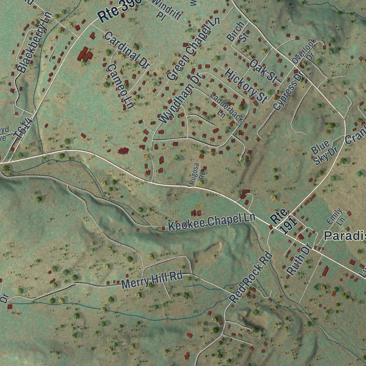 Close-up of the map of Paradise, Monroe County, Pennsylvania print showing street and building detail