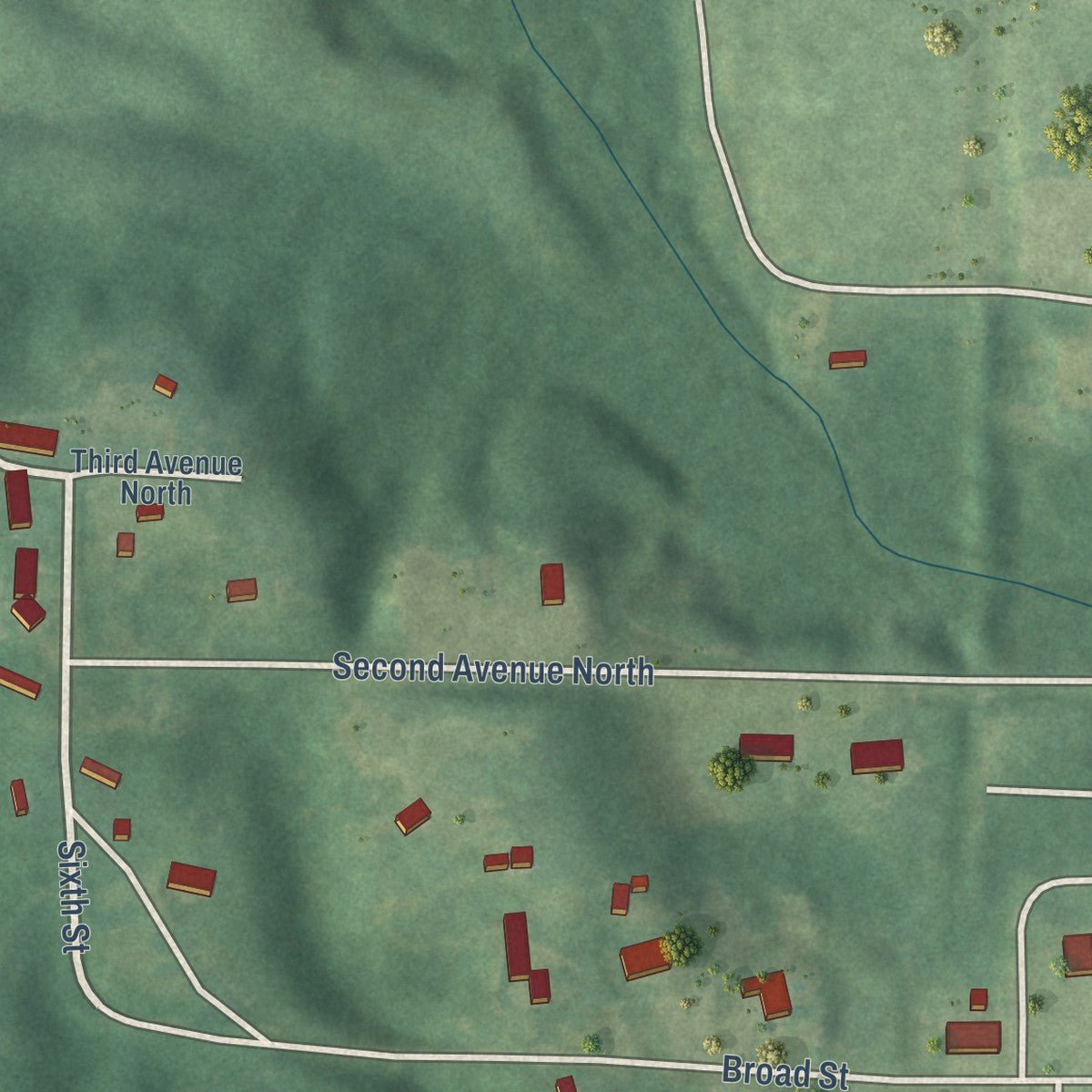 Close-up of the map of Toxey, Alabama print showing street and building detail