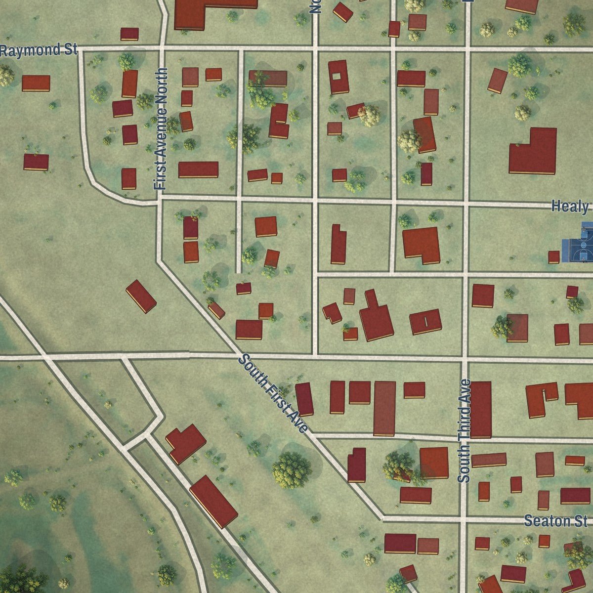 Close-up of the map of Glenburn, North Dakota print showing street and building detail