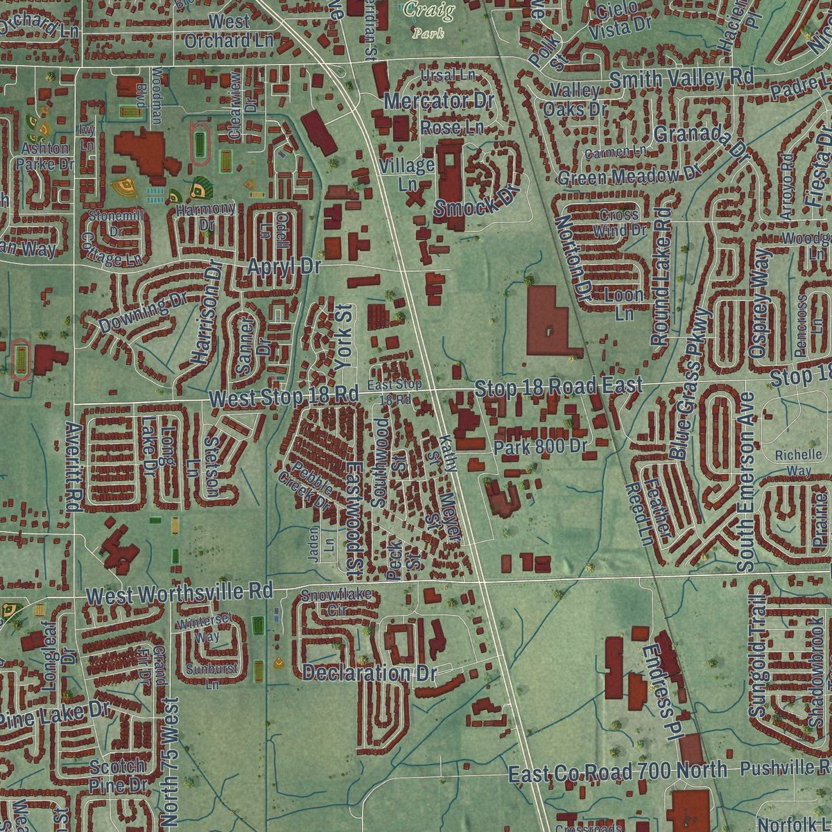 Close-up of the map of Greenwood, Indiana print showing street and building detail