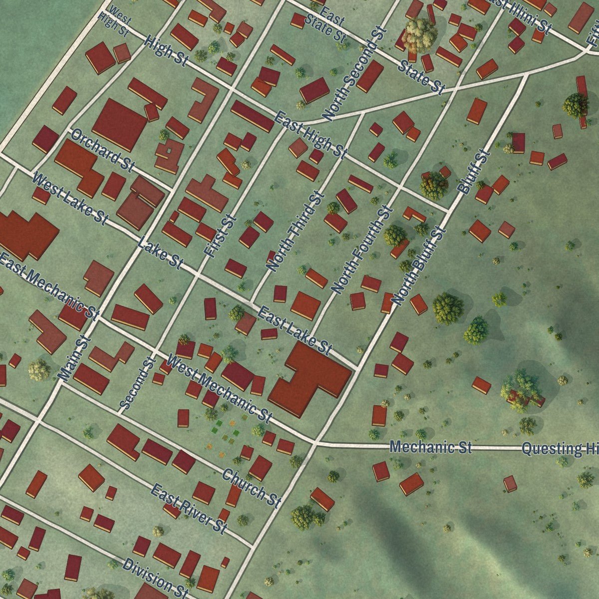 Close-up of the map of Chandlerville, Illinois print showing street and building detail