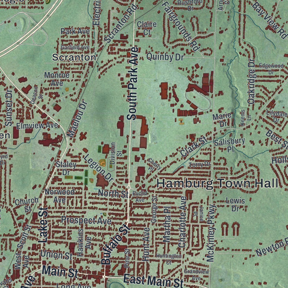 Close-up of the map of the Town of Hamburg, New York print showing street and building detail