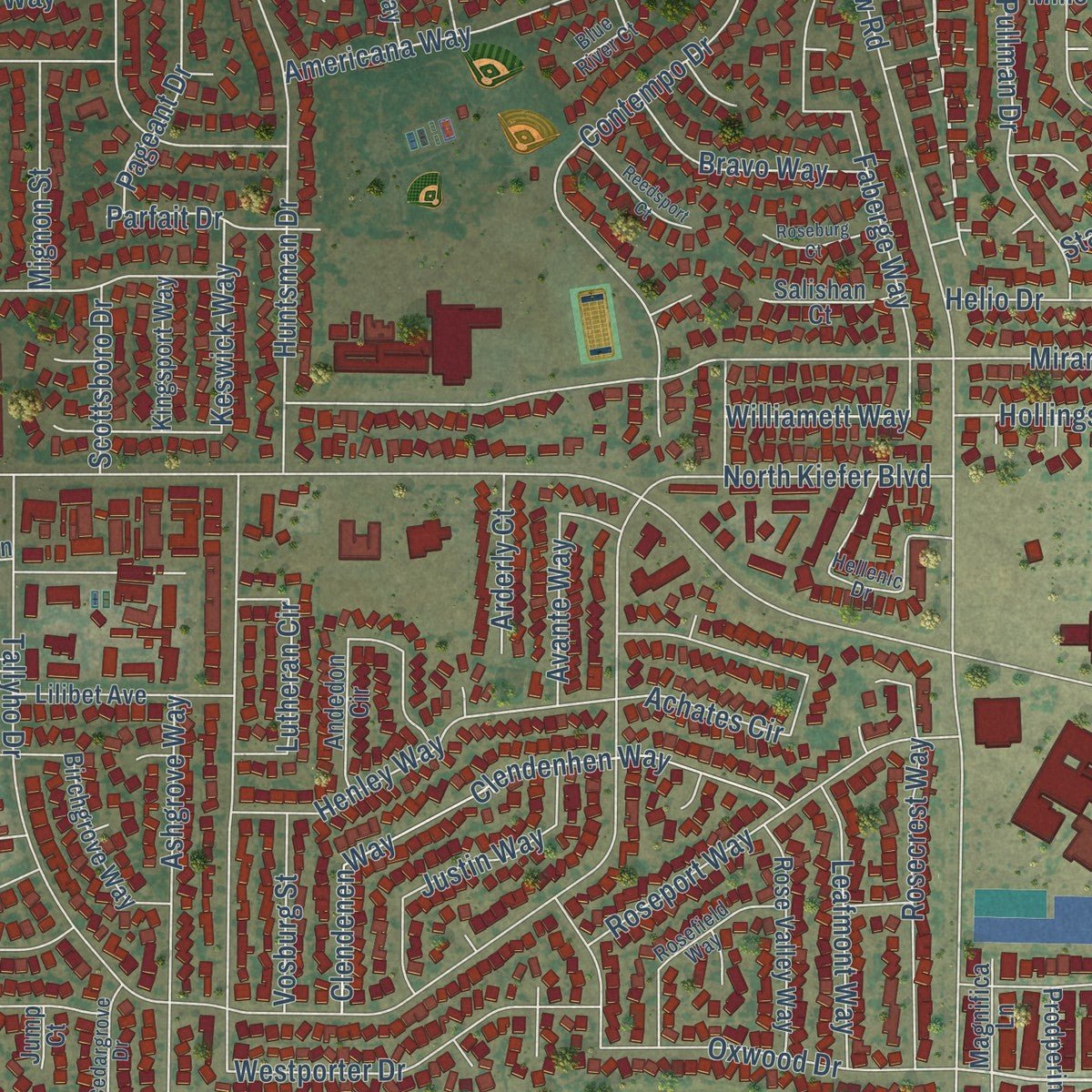 Close-up of the map of Rosemont, California print showing street and building detail
