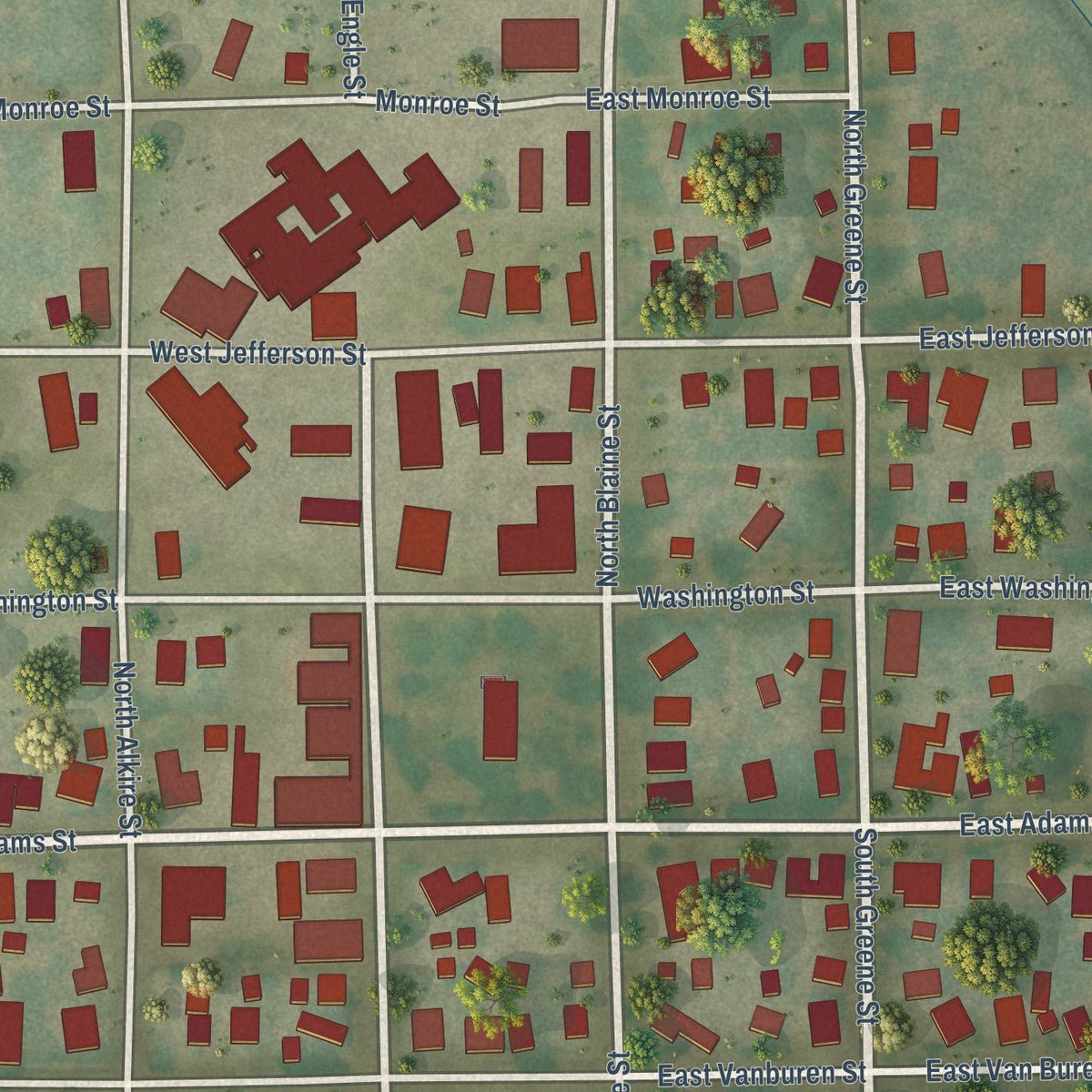 Close-up of the map of Greenview, Illinois print showing street and building detail