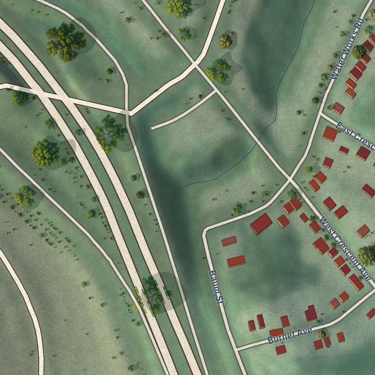 Close-up of the map of Woodlawn, Kentucky print showing street and building detail