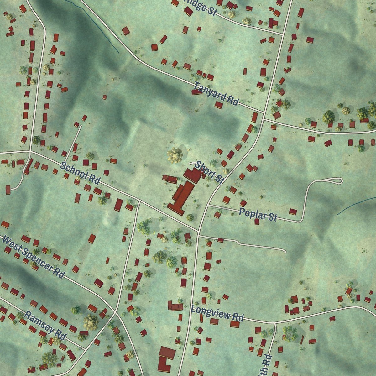 Close-up of the map of Hurt, Virginia print showing street and building detail