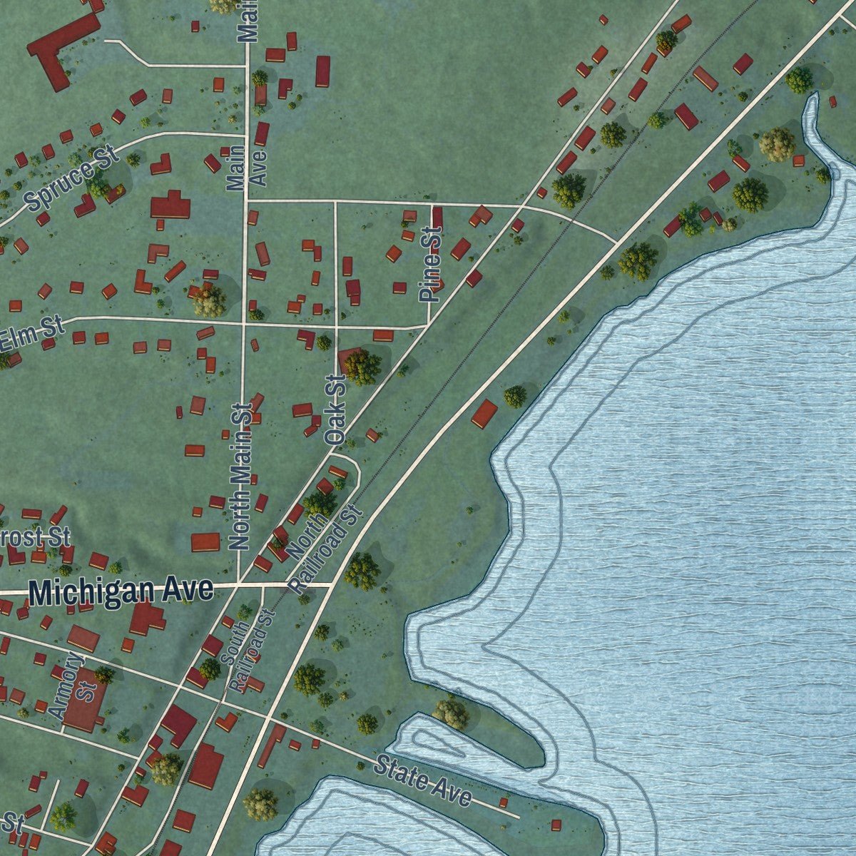Close-up of the map of Baraga, Michigan print showing street and building detail