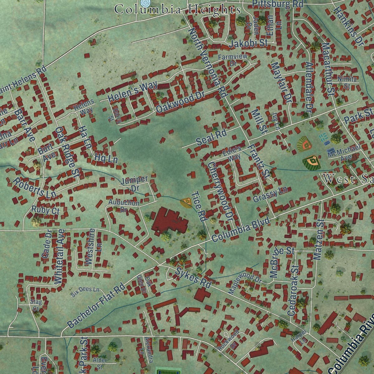 Close-up of the map of St. Helens, Oregon print showing street and building detail