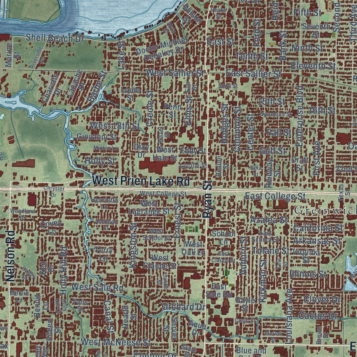 Close-up of the map of Lake Charles, Louisiana print showing street and building detail