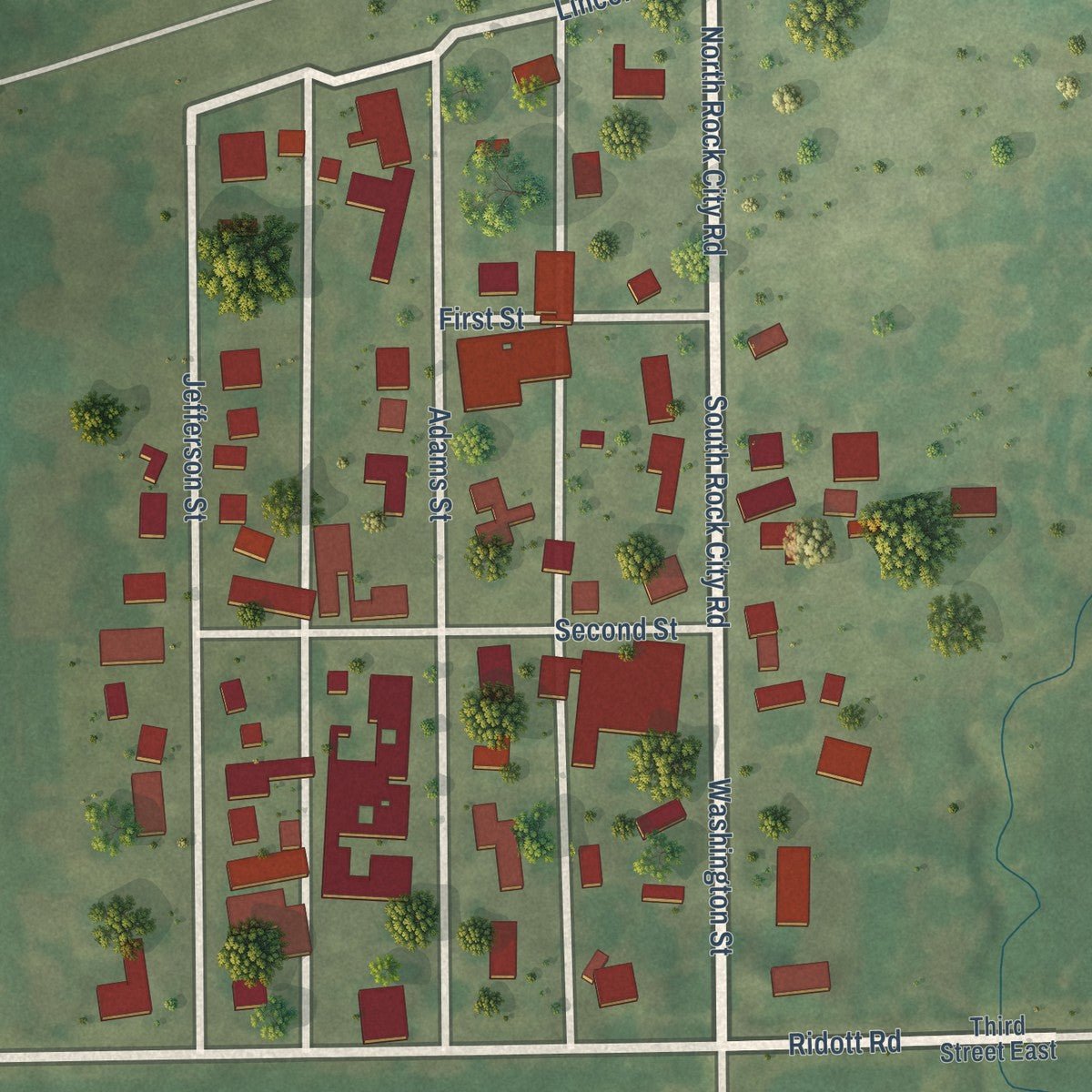 Close-up of the map of Ridott, Illinois print showing street and building detail