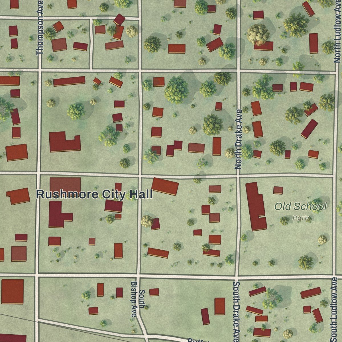Close-up of the map of Rushmore, Minnesota print showing street and building detail