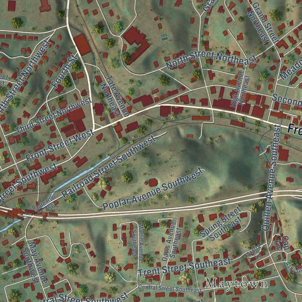 Close-up of the map of Coeburn, Virginia print showing street and building detail