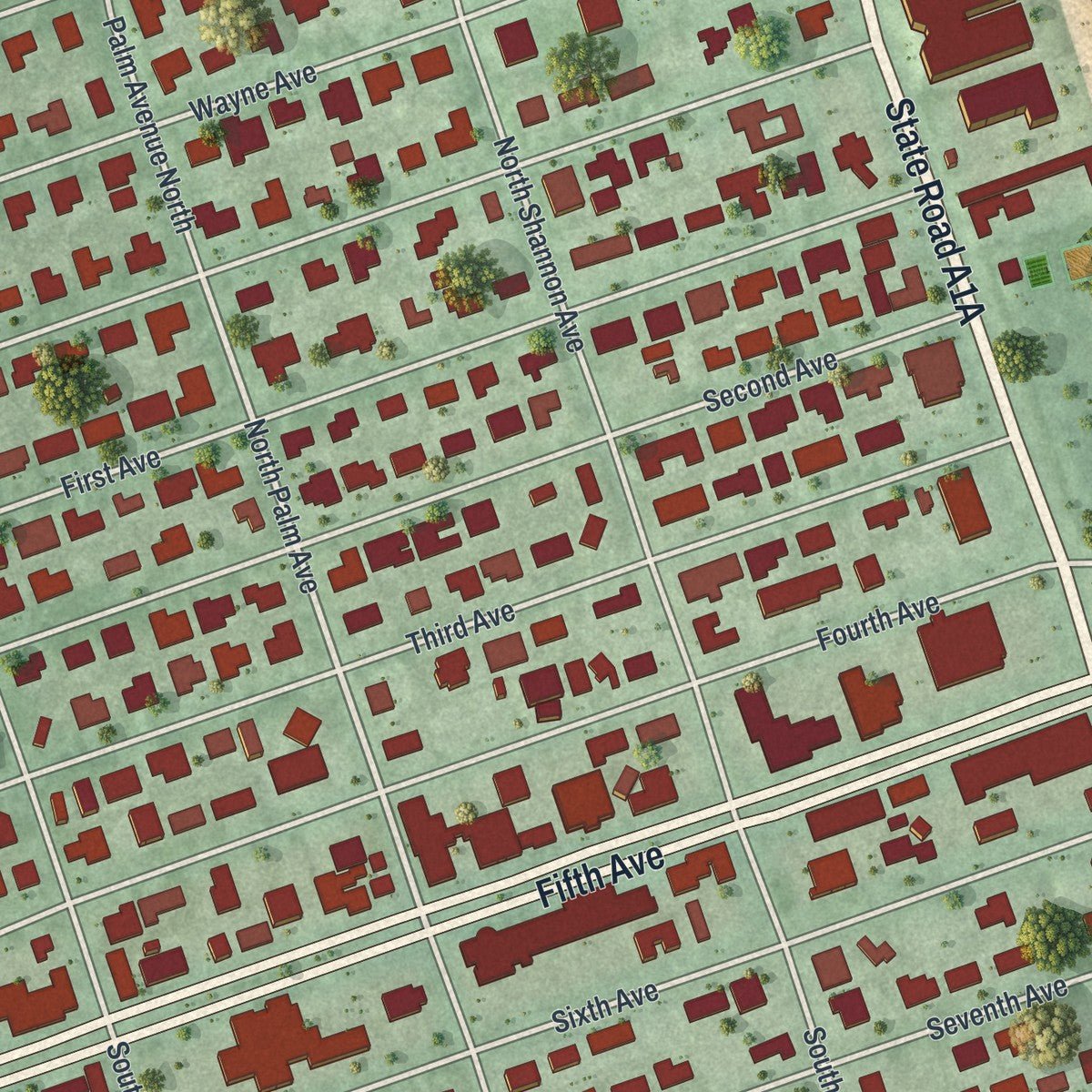 Close-up of the map of Indialantic, Florida print showing street and building detail