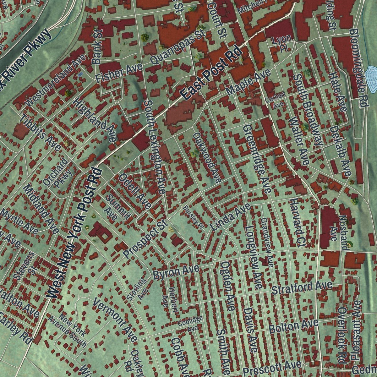 Close-up of the map of White Plains, New York print showing street and building detail