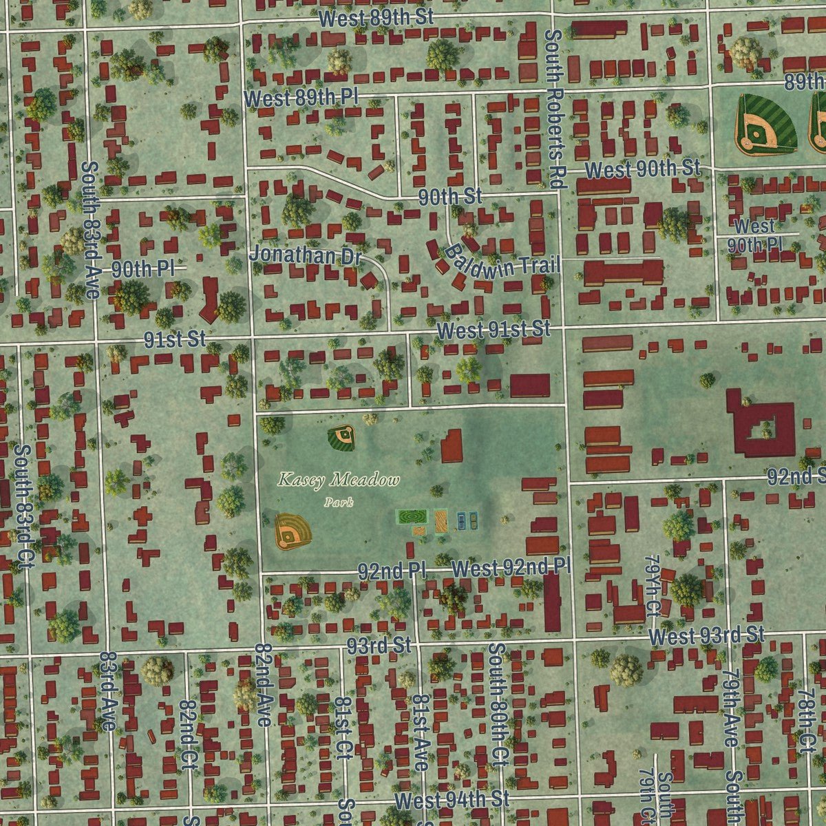 Close-up of the map of Hickory Hills, Illinois print showing street and building detail