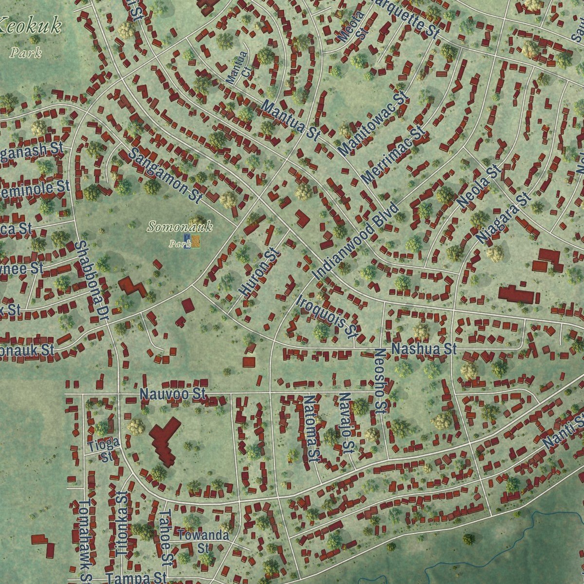 Close-up of the map of Park Forest, Illinois print showing street and building detail