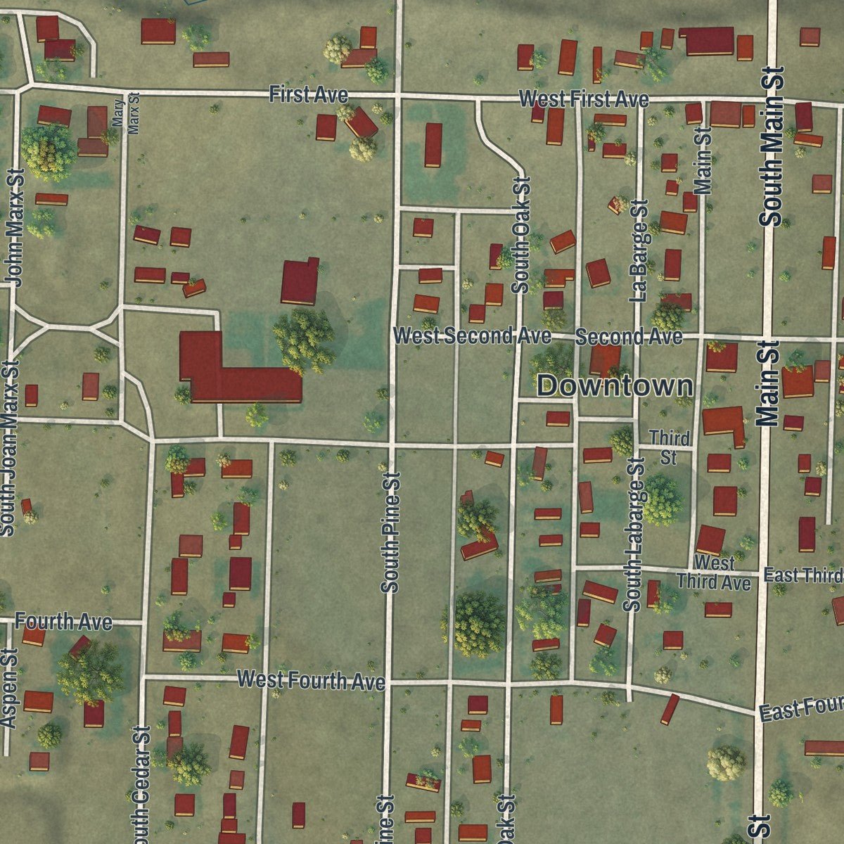 Close-up of the map of La Barge, Wyoming print showing street and building detail