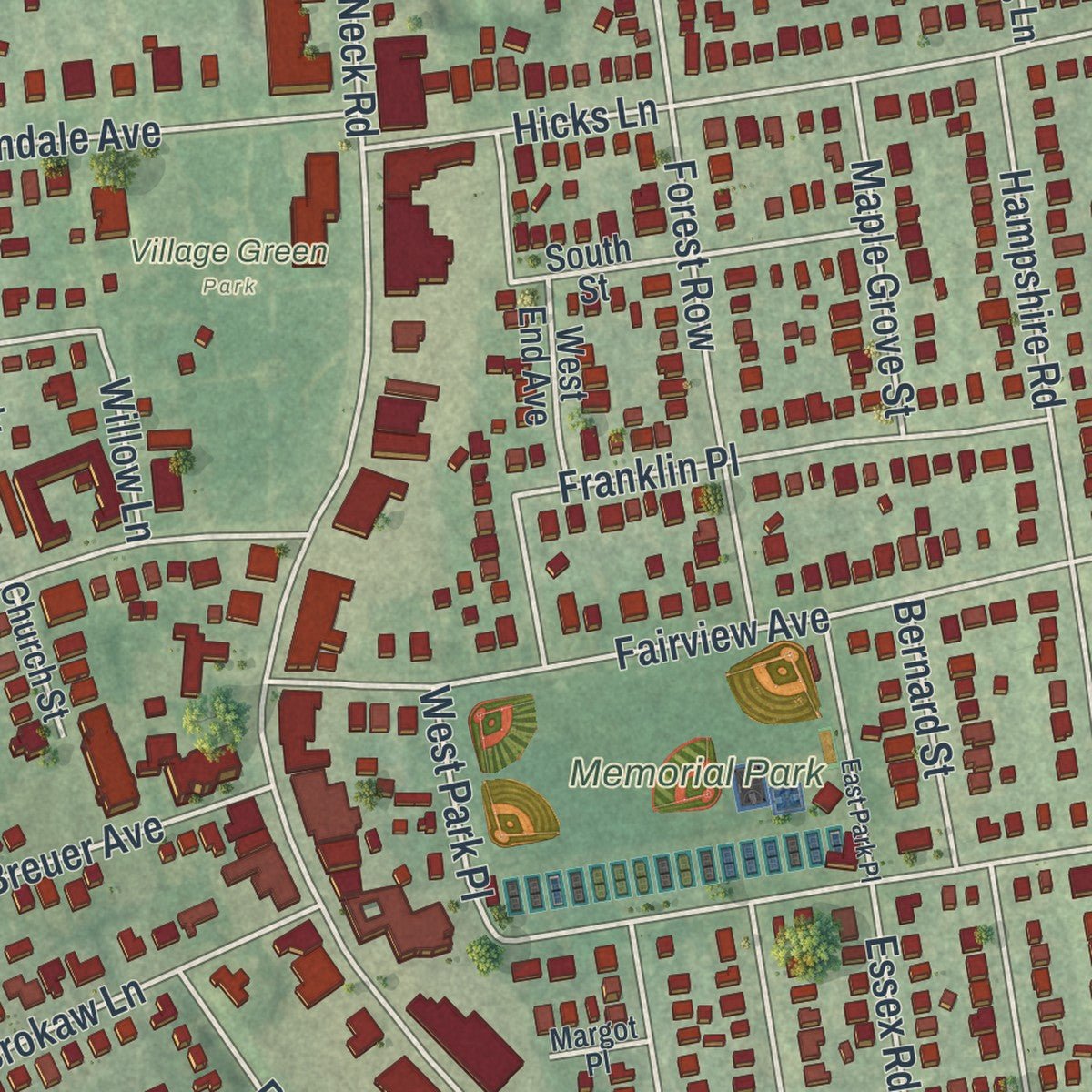 Close-up of the map of Great Neck, New York print showing street and building detail