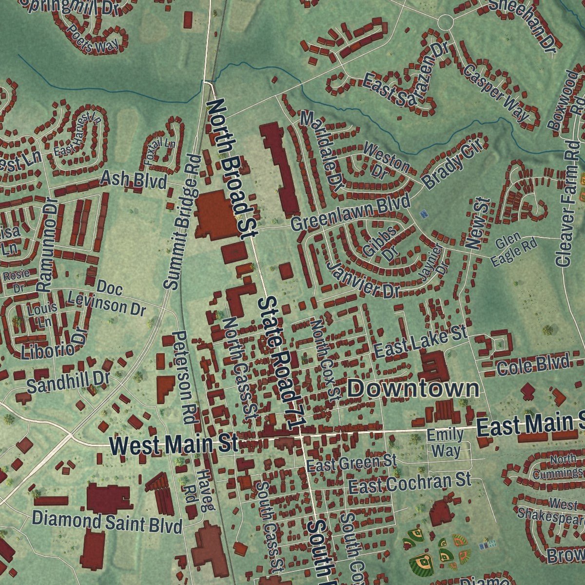 Close-up of the map of Middletown, Delaware print showing street and building detail