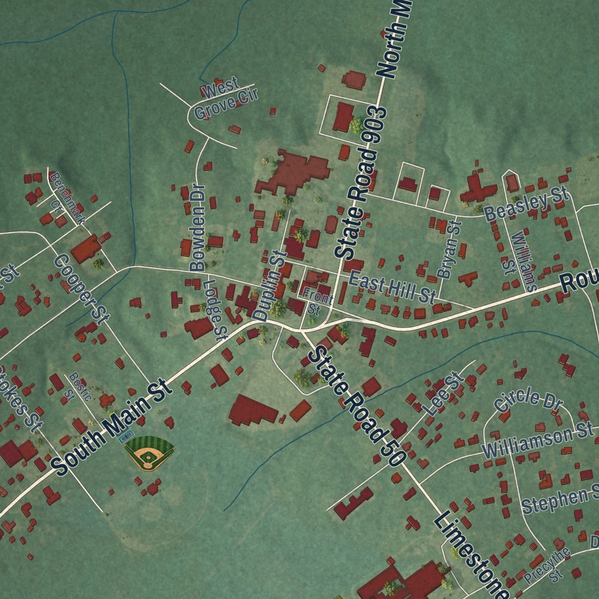 Close-up of the map of Kenansville, North Carolina print showing street and building detail