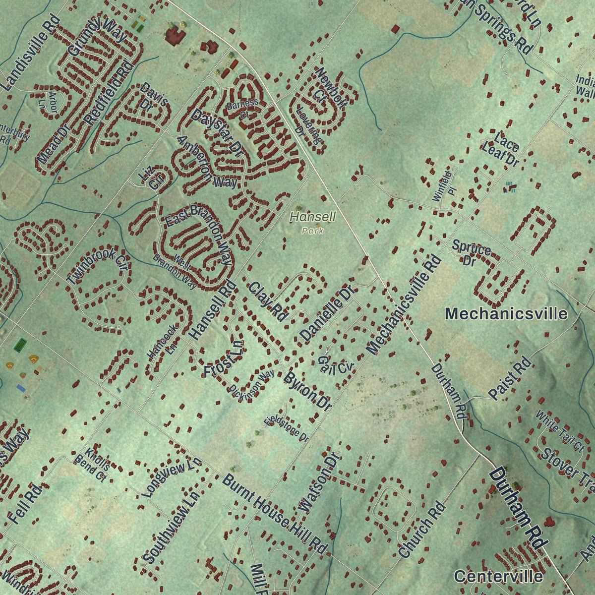 Close-up of the map of Buckingham, Bucks County, Pennsylvania print showing street and building detail