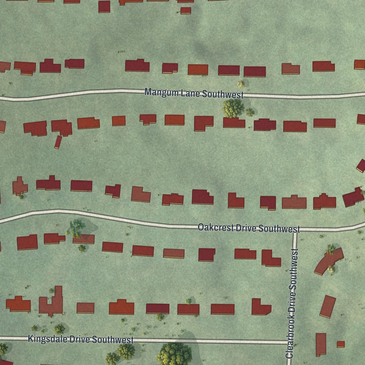 Close-up of the map of Magnum Manor, Georgia print showing street and building detail