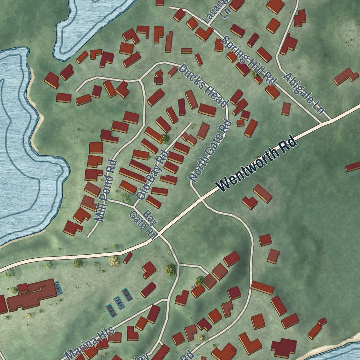 Close-up of the map of New Castle, New Hampshire print showing street and building detail